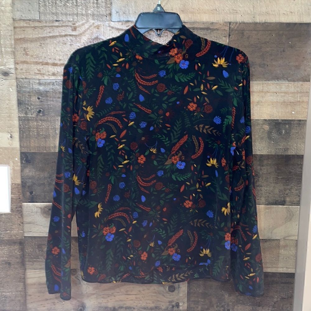 Baldwin Black Floral Silk Long Sleeve High Neck Blouse
